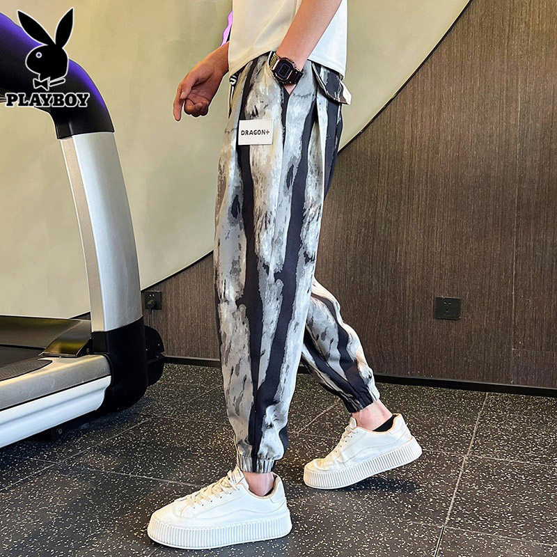 花花公子宽松休闲裤男士夏季薄款冰丝长裤扎染潮牌哈伦九分裤子男