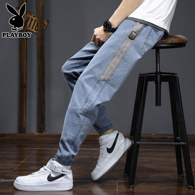 花花公子春季牛仔裤男士新款潮流九分休闲宽松束脚哈伦工装长裤子
