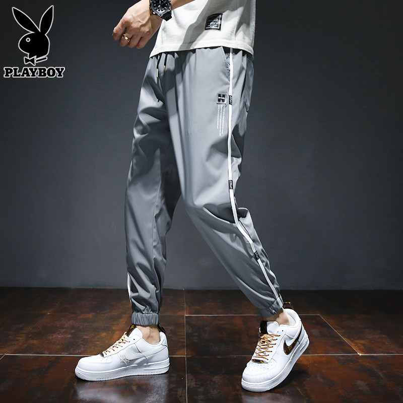 花花公子夏季冰丝休闲裤男士薄款运动速干宽松束脚九分长裤子男裤