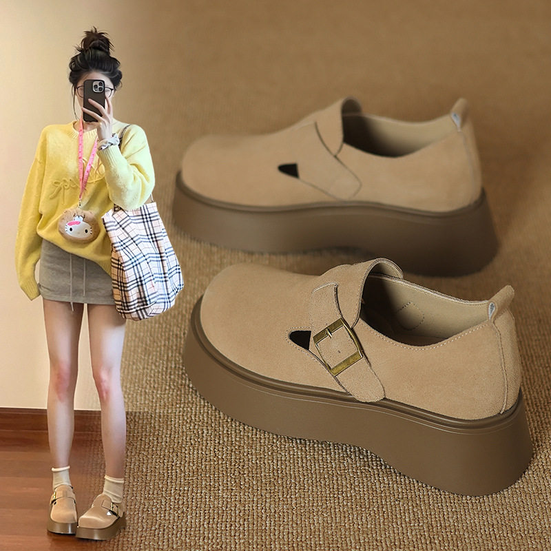 zhr真皮复古勃肯鞋女2025春季新款厚底休闲鞋时尚百搭粗跟单鞋子