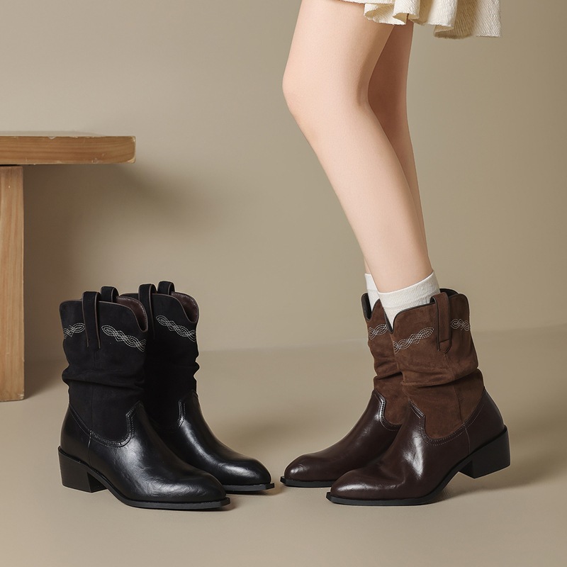 ZHR则则复古中筒西部牛仔短靴美拉德2025冬季新款粗跟高跟堆堆靴