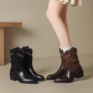 ZHR则则复古中筒西部牛仔短靴美拉德2025冬季新款粗跟高跟堆堆靴