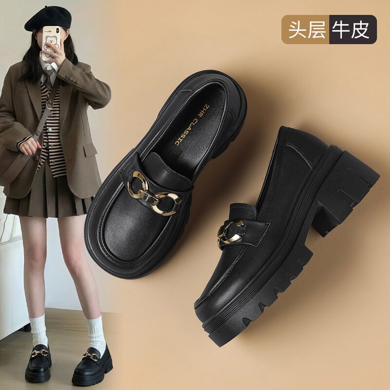 ZHR则则头层牛皮双环扣厚底乐福鞋女春新款气质舒适通勤粗跟单鞋