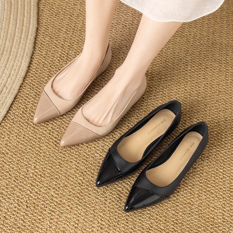 ZHR则则浅口平底低跟通勤尖头单鞋女春季新款舒适懒人一脚蹬皮鞋