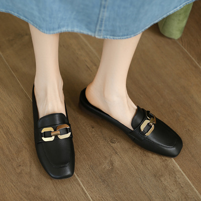 ZHR包头半拖鞋女夏新款英伦风懒人时尚复古舒适平底穆勒真皮拖鞋