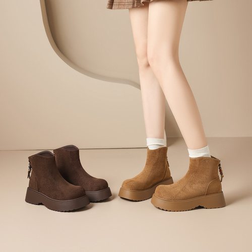 zhr则则复古厚底加绒短靴2025冬新款百搭女靴子通勤美拉德休闲鞋