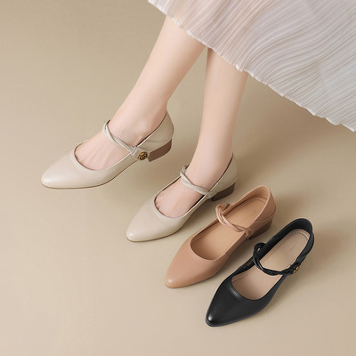 ZHR则则头层牛皮真皮尖头粗跟玛丽珍单鞋女春新款浅口气质通勤鞋