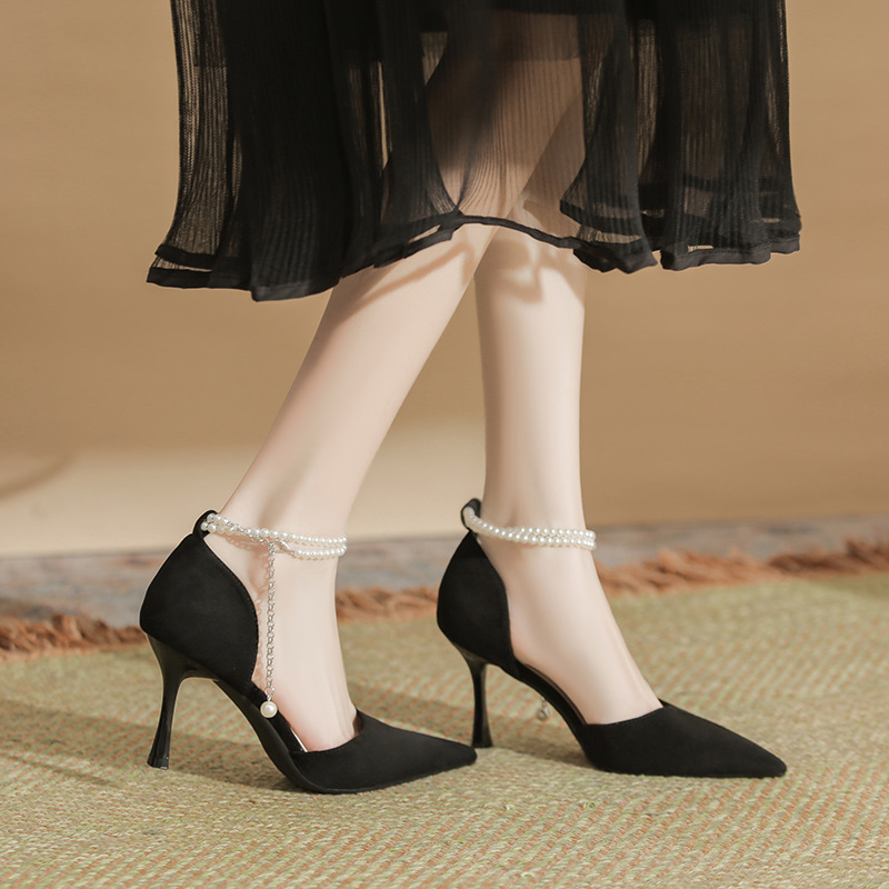 ZHR时尚百搭珍珠尖头绒面高跟鞋女浅口新款法式时尚气质一字单鞋