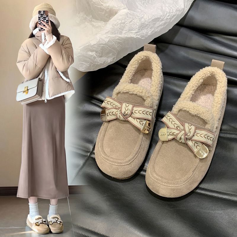 ZHR反绒牛皮乐福鞋女新款气质百搭加绒加厚保暖棉鞋毛绒豆豆鞋子