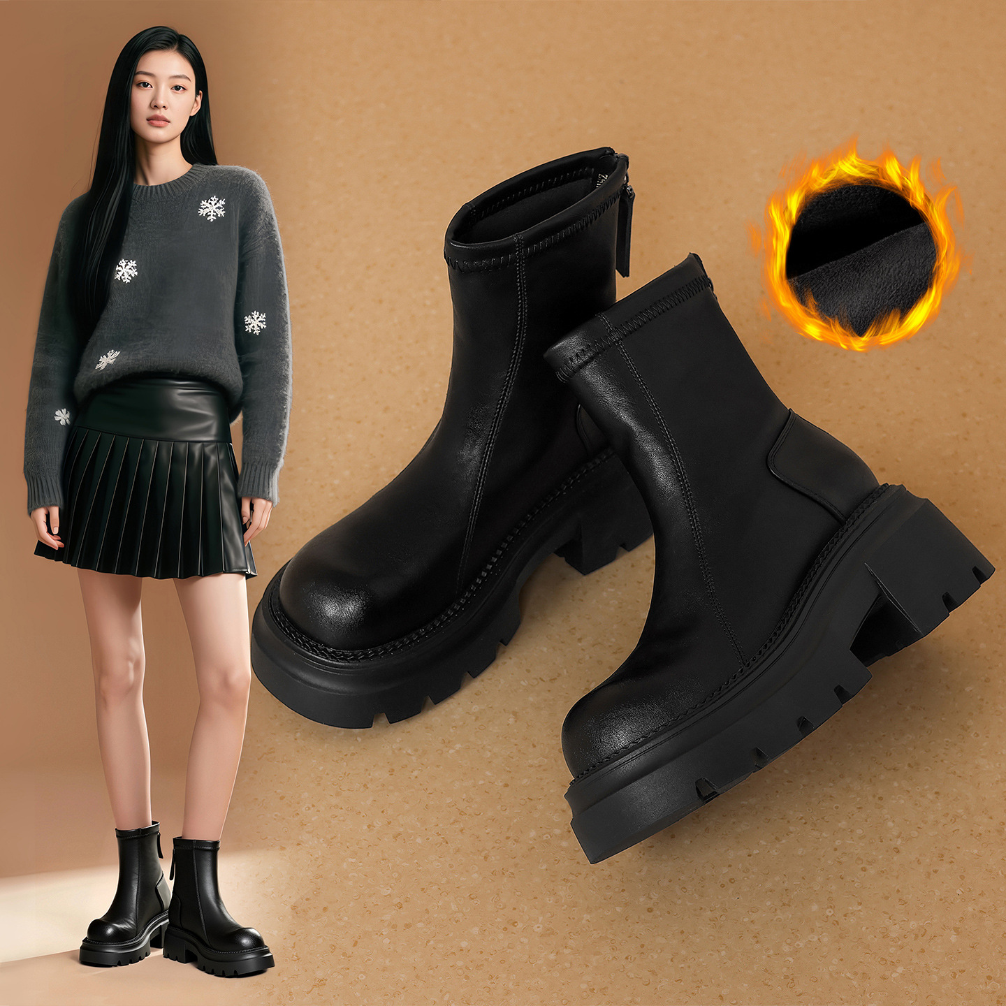 ZHR英伦马丁靴女时尚新款加绒保暖厚底秋冬小个子靴子瘦瘦短靴子