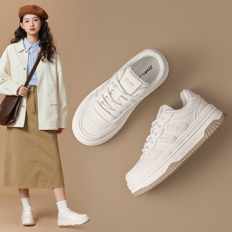 zhr厚底小白鞋秋冬校园风学生百搭加绒运动鞋小个子松糕底鞋休闲