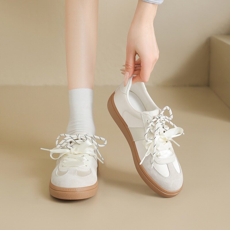 ZHR则则头层猪皮德训鞋女春秋款平底小白鞋时尚百搭超软休闲鞋子