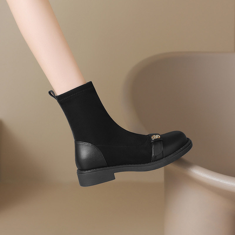 ZHR厚底加绒短靴女秋冬新款时尚百搭平底袜靴弹力靴配裙子瘦瘦靴