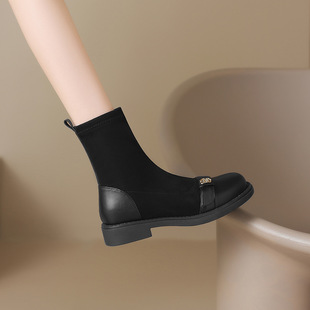 ZHR厚底加绒短靴女秋冬新款时尚百搭平底袜靴弹力靴配裙子瘦瘦靴