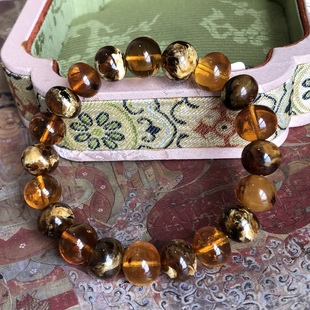 天然原矿10mm抚顺琥珀溶洞干白瓷白蜜蜡花珀手链琥珀手串14.52