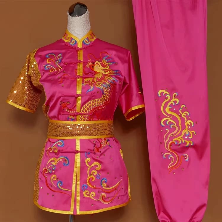 新款武术服仿真丝刺绣龙练功表演服演出比赛长拳南拳成人儿童彩服