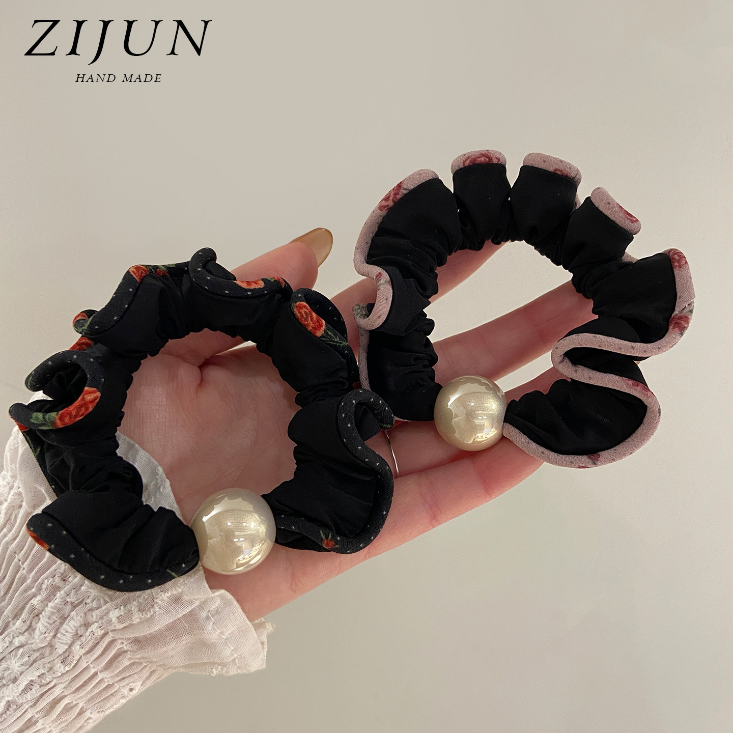 法式复古碎花卷边小肠发圈珍珠头绳女慵懒感缎面亲肤皮筋马尾发绳