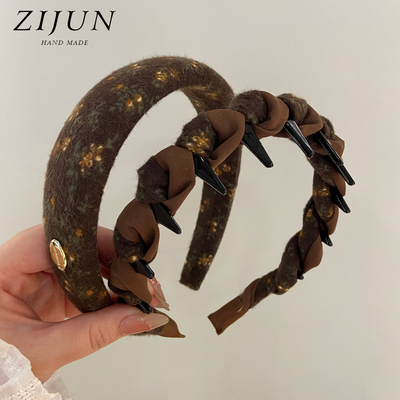 秋冬磨毛咖色碎花发箍女宽边带齿防滑外戴发卡发捆高颅顶时尚头箍