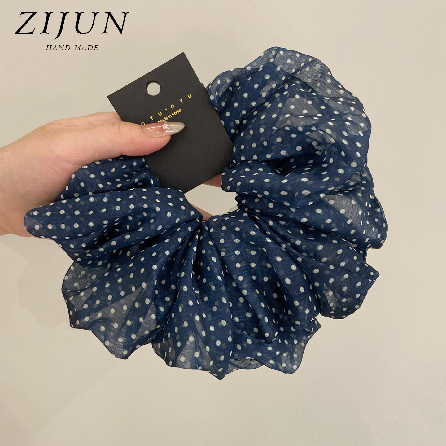 藏蓝色波点薄纱大肠发圈头绳女百搭通勤不勒发马尾头绳超显白发绳