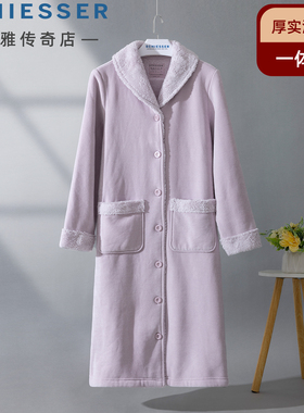 德国舒雅女士睡袍25秋冬新款一体绒青果领开衫保暖家居中裙25602R