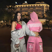 欧美复古设计感印花连帽衫 子 卫衣卫裤 潮牌街头拉链宽松修身 男女款