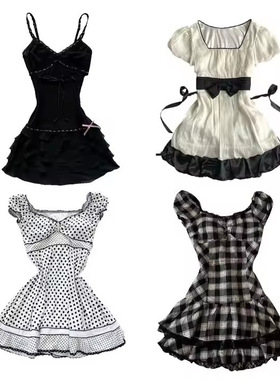 DRESS美式时尚波点纯色蕾丝甜美少女风吊带短袖吊带收腰连衣裙子