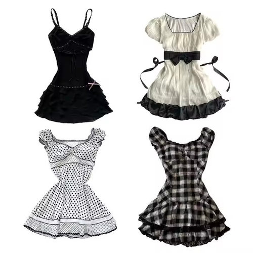 DRESS美式时尚波点纯色蕾丝甜美少女风吊带短袖吊带收腰连衣裙子