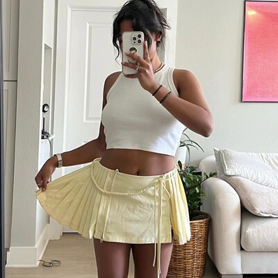 Pleated skirt拉链系带高腰辣妹半身裙女百搭a字抽绳收腰百褶短裙