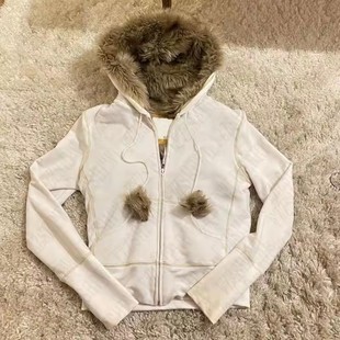 显瘦毛绒帽檐连帽拉链开衫 coat跨境新款 修身 时尚 外套收腰上衣 美式