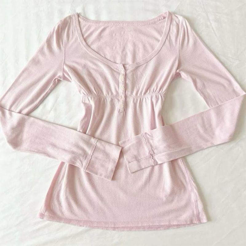 TOP时尚美式设计感单排扣圆领修身性感辣妹T恤长袖百搭女式上衣女