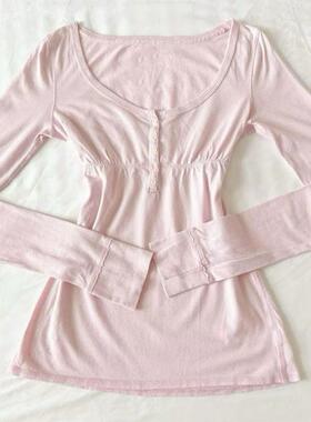 TOP时尚美式设计感单排扣圆领修身性感辣妹T恤长袖百搭女式上衣女