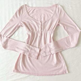 百搭女式 TOP时尚 性感辣妹T恤长袖 设计感单排扣圆领修身 上衣女 美式