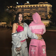 美式辣妹性感欧美印花条纹连帽衫拉链卫衣粉色男女款运动宽松外套