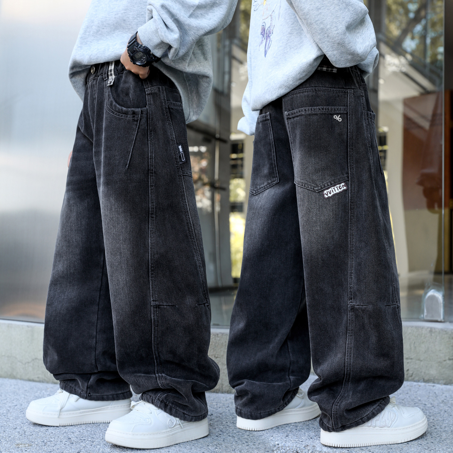 男童裤子秋冬新款直筒弯刀黑色加绒一体儿童男大童牛仔长裤休闲软