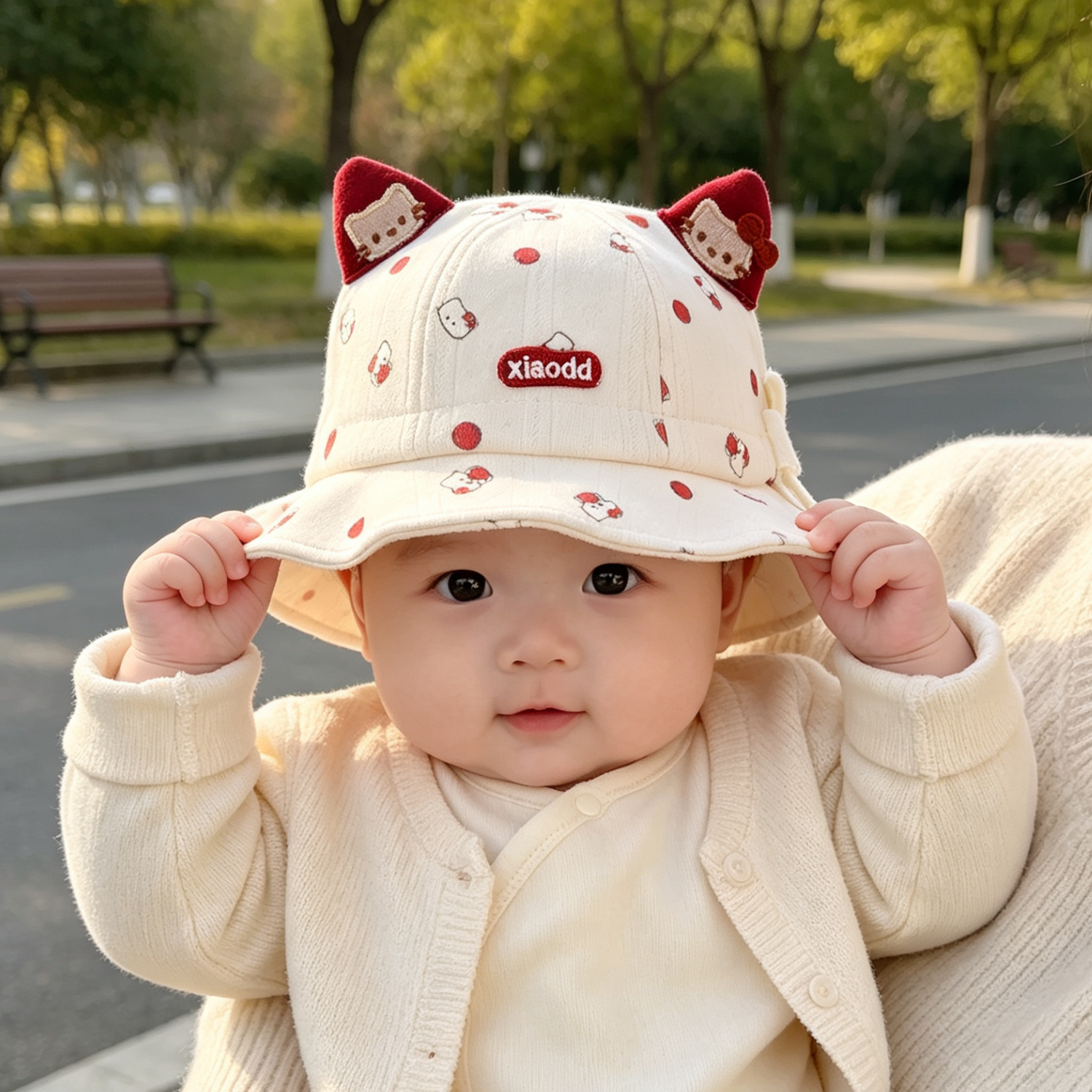 婴儿帽子女婴幼儿渔夫帽遮阳春秋款可爱猫咪秋季小月龄女宝宝盆帽