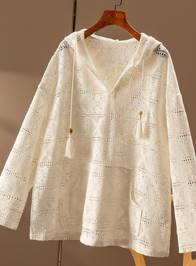 ￥339 秒！春天家  法G精致镂空钩花宽松连帽长袖卫衣女9T77