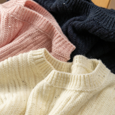 法柜细闪亮丝珠片圆领羊毛毛衣