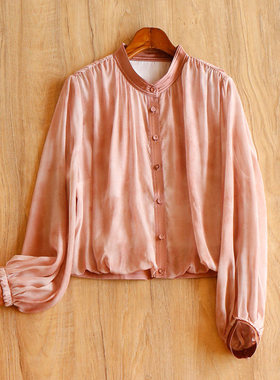 AA￥579 秒！春天家 蓝调^幻粉典雅仙气真丝乔其小立领衬衫女9U03