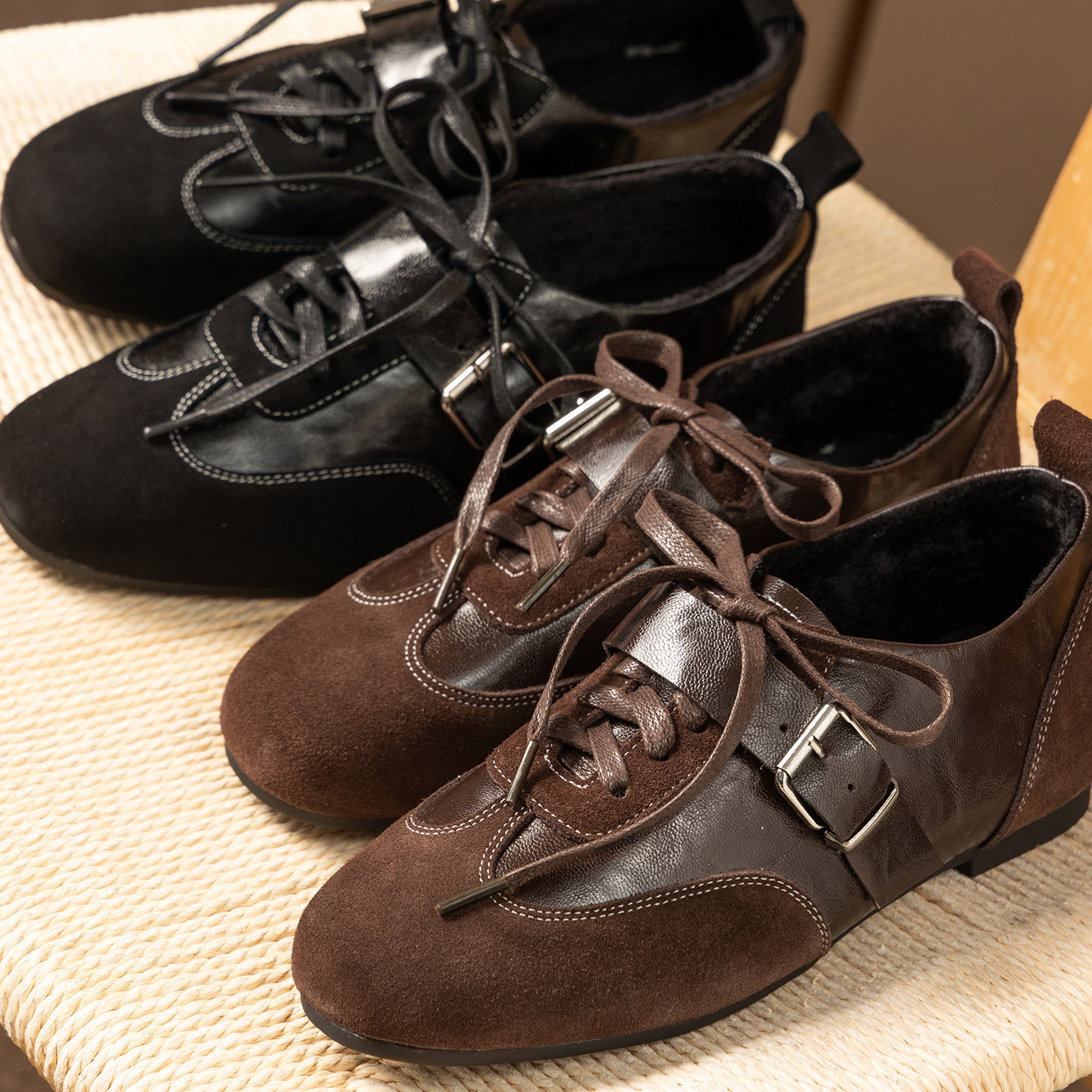 英伦磨砂牛皮拼羊皮皮带扣德训鞋