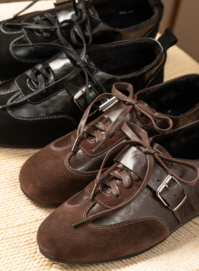 H春上7号 复古摩登 英伦磨砂牛皮拼羊皮平底皮带扣德训鞋女43I3特