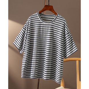 ￥秒 T恤春天家女35A7 撞色条纹含亚麻宽松圆领短袖