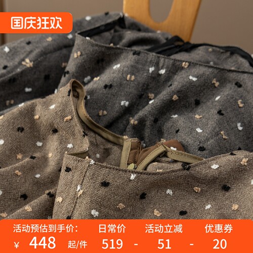 法柜高品亚麻棉植绒波点长袖衬衫