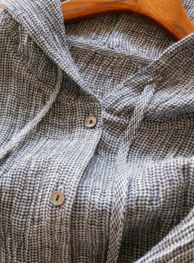 H春上7号 非市场货 法柜100色织亚麻细格连帽灯笼袖衬衫女23K6