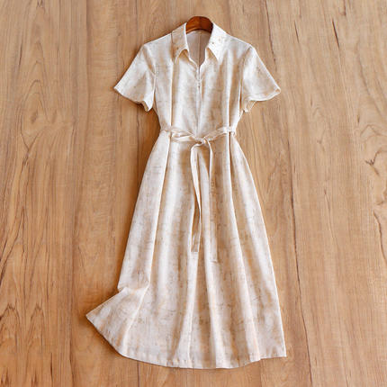 FF￥709 秒！重磅真丝鬼绉短袖系带衬衫连衣裙春天家女32C9