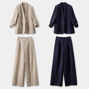 淡人高智通勤 套装 法G天丝亚麻印花西装 阔腿裤 38J4 外套 T春上7号