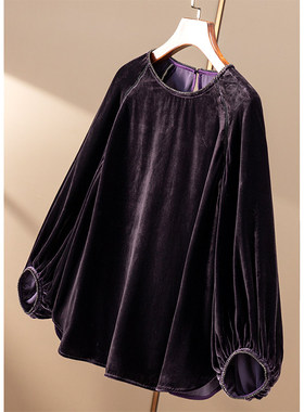 AA￥529 秒！春天家 轻闪水钻真丝丝绒圆领灯笼袖衬衫女09F2