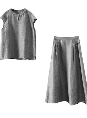 AA￥509 秒！分开拍新中式 真丝亚麻衬衫+半身裙套装春天家女6Z02