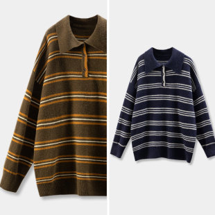 老钱 ￥309 美式 春天家 100绵羊毛POLO领条纹毛衣女77E1 秒