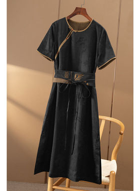 ￥1080 秒！新中式冠乐绉香云纱真丝连衣裙汉服女春天家0T57