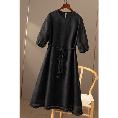 ￥719 秒！ 法国真丝提花欧根缎灯笼袖收腰连衣裙女春天家1T54